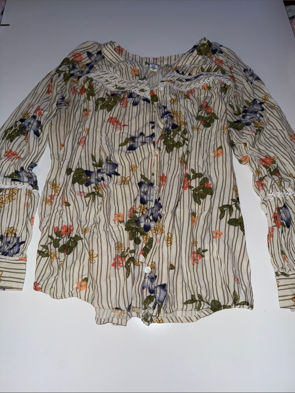 Sonoma Floral Stripe Button-Down Blouse in Cream with Blue & Green